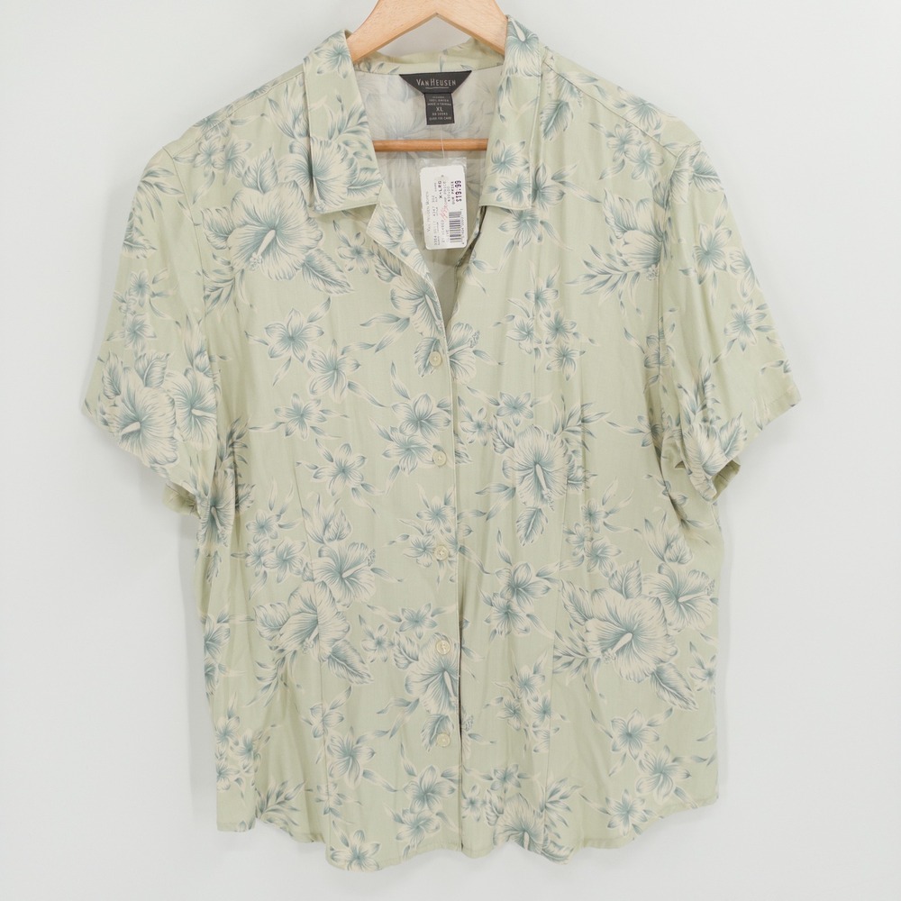 Vintage Hawaiian Shirt Womens XL Green Rayon Tropical Granny Retro Indie Coastal